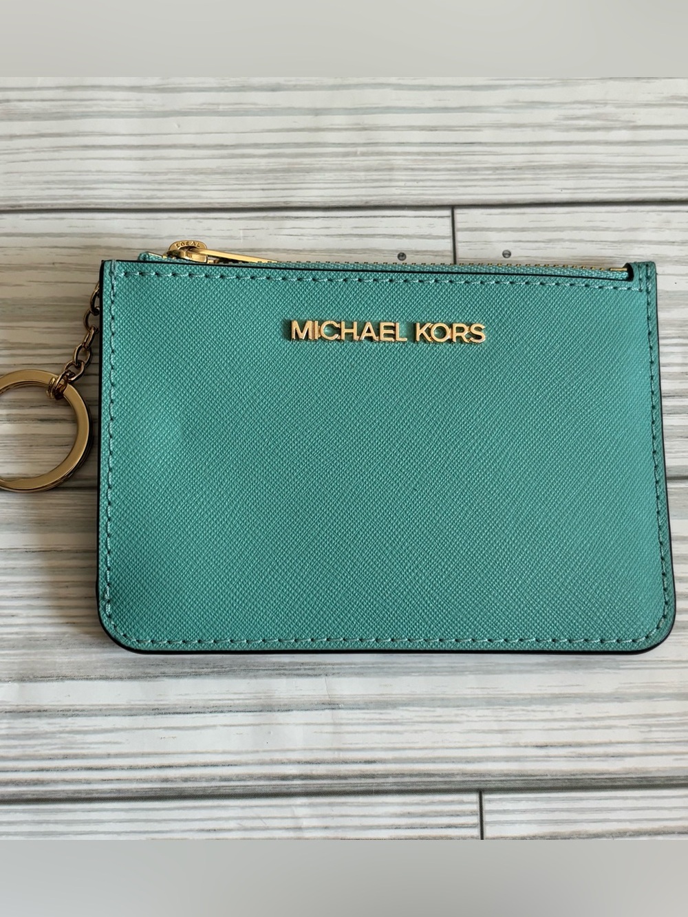 Michael Kors Teal Saffiano Card Holder with Gold Key Ring